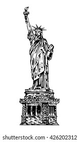 The Statue of Liberty in New York, USA. Sketch by hand. Vector isolated illustration. Engraving style