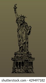 The Statue of Liberty in New York, USA. Sketch by hand. Vector isolated illustration. Engraving style