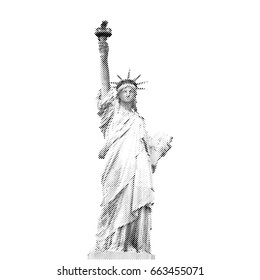 Statue of Liberty, New York, USA. Black halftone illustration of dots in diagonal arrangement on white background.