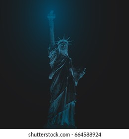 Statue of Liberty, New York, USA. Halftone illustration dots. Blue led light futuristic design on dark background.