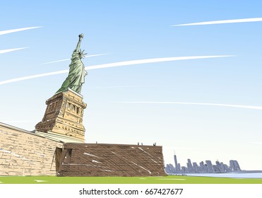 Statue of Liberty. New York. USA. Hand drawn city sketch. Vector illustration.