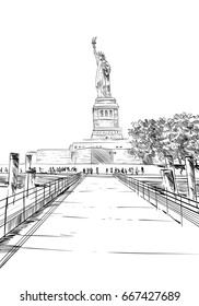 Statue of Liberty. New York. USA. Hand drawn city sketch. Vector illustration.