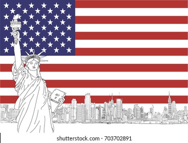 The statue of liberty, New York, USA - Skyline Stars and stripes