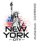 The statue of Liberty, NYC, ripped US Flag - Vector illustration