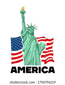 Statue of liberty, NYC, USA symbol, USA flag. Vector illustration
