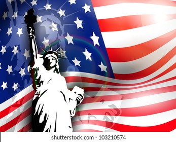 Statue of liberty on American flag  background for 4th July American Independence Day and other events. Vector illustration. EPS 10.