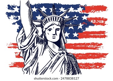 Statue of Liberty on American watercolor flag background. Vector hand drawn sketch illustration for 4th of July greeting card, print, banner, poster. USA Independence Day holiday design elements