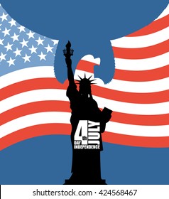 Statue of Liberty on background of American flag. Independence Day of USA. Eagle with wings on silhouette of figure. National holiday in United States. Patriotic  for July 4th celebration