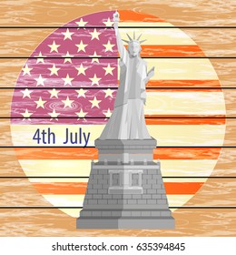 A statue of liberty on the background of an American flag in the form of a circle on a wooden plank. Illustration for your design.