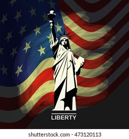 Statue of Liberty on the background of the national flag of the USA