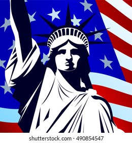 Statue of Liberty on the background of the national flag of the USA.2016 USA presidential election poster. Vector illustration EPS10