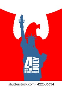 Statue of Liberty on background of red eagle. American Independence Day. USA National symbols. Traditional patriotic holiday in United States