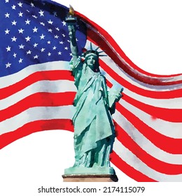 The Statue of Liberty on the background of the US flag vector illustration. Graphic, full colored hand-drawn sketch with the United States of America flag. Imitation of watercolor drawing.