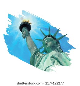 The Statue of Liberty on clear sky from bottom view with abstract brush stroke. Vector illustration based on realistic hand-draw watercolor painting.