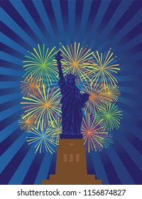Statue of Liberty on Staten Island in New York City Fireworks Night Illustration