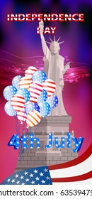 A statue of liberty on a sunset sky background with america flag and balloons. Illustration for your design.