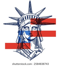 Statue of Liberty on transparent American flag background. Vector hand drawn sketch illustration for 4th of July greeting card, print, banner, poster. USA Independence Day holiday design element