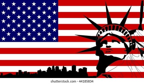 Statue of Liberty on the USA Flag with New York sillhouette