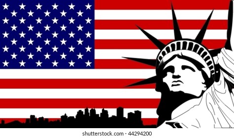 Statue of Liberty on the USA Flag with New York silhouette