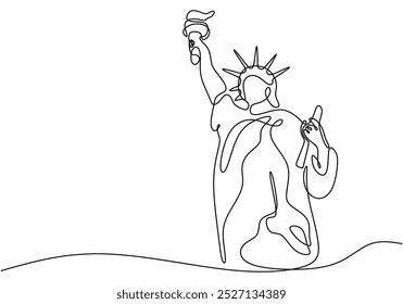 Estátua da Liberdade em uma arte de linha contínua. Projeto minimalista criativo de um monumento famoso para viagens e temas de liberdade. Ilustração de linha única.