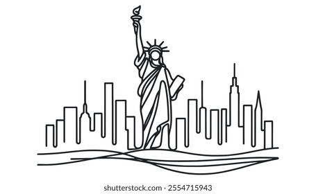 Statue of Liberty, one continuous line drawing on white background.