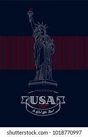 The Statue of Liberty outline illustration, with logo typography USA, in God we trust, on dark night background