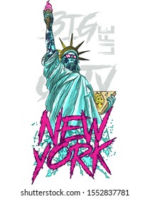 
statue of liberty with pizza and ice cream vector print on clothes new york life in the big city american usa design monument color poster 