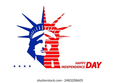 Statue of Liberty, portrait. Blue and red design in the colors of the US flag. Holiday. National symbol of America New York, banner, advertisement, abstract postcard, Freedom. Vector illustration