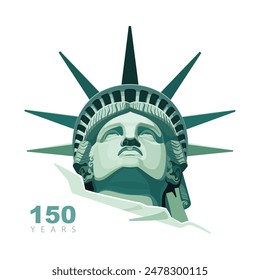 Estatua de la Libertad, retrato. Diseño verde sobre fondo blanco. 150 años. Vacaciones en Estados Unidos. Símbolo nacional de América Nueva York, Anuncio, publicidad, postal abstracta, Libertad. Ilustración vectorial