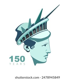 Statue of Liberty, portrait. Green design on a white background. 150 years. USA holiday. National symbol of America New York, banner, advertisement, abstract postcard, Freedom. Vector illustration