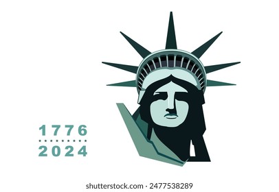 Statue of Liberty, portrait, Presentation. USA Independence Day. Liberty, 1776-2024. Green design, USA holiday. National symbol of America New York, banner, flyer advertising. Vector illustration