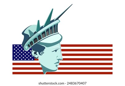 Statue of Liberty portrait profile, USA flag background, poster, brochure. 150 years. Independence Day USA, on July 4 green design. Holiday, welcome to America. Symbol of New York. Vector illustration