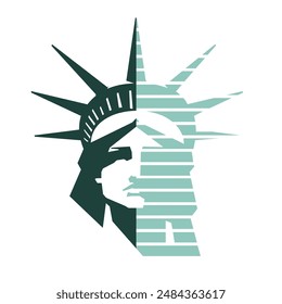 Statue of Liberty portrait, stripes. Green design on a white background. 150 years. US holiday. National symbol of America New York, banner, advertising, greeting card, Freedom. Vector illustration