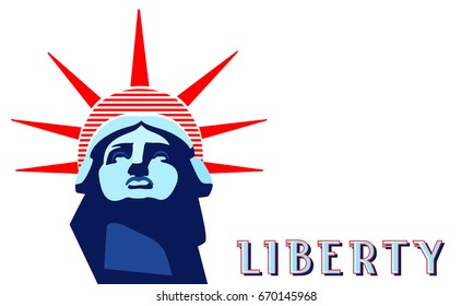 Statue of Liberty. Portrait. USA. Independence. Download the banner, layout. 4th of July. 3D Font. White, red stripes. Street Business. Blue illustration on a white background