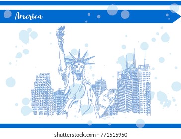 statue of liberty postcard america sketch of new york vector Blue