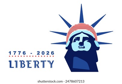 Statue of Liberty Presentation. Statue Liberty portrait, blue and red design, USA flag color. US holiday. 1776-2026 National symbol of America New York, banner, flyer advertising. Vector illustration