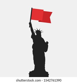 Statue of Liberty with red flag - Communist and socialist revolution in United States of America (USA). Leftist politics in USA. Vector illustration.