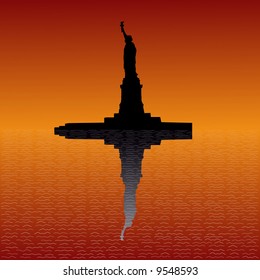 Statue of Liberty reflected at sunset illustration