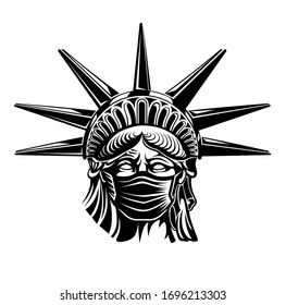 Statue of Liberty resists coronavirus by wearing a save mask. Vector image. COVID 19 danger