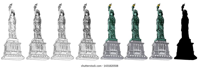 Statue of liberty set in different styles. Illustration of various drawings. Hand drawn line cross hatching, stroke, color, black white sketch and silhouette flat. New York and USA landmark. Vector.