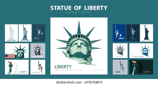 Statue of Liberty set of green design templates. Banner, geometric colorful flat design. Welcome to New York. Booklet, album poster. Ad text name. X-banner. Information banner, vector illustration