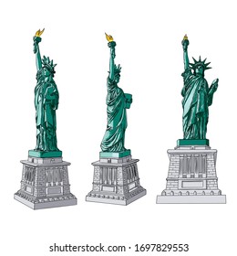 Statue of liberty set in hand drawing style. Illustration of various drawings. Hand drawn line hatching, stroke sketch. American national symbol, New York and USA landmark. Vector.