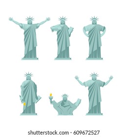 Statue of Liberty set poses. Attractions america set of movements and emotions. Cheerful and evil. Surprised and sad. Winks and yoga. Sculpture Architecture of USA.