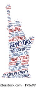 Statue of Liberty shaped word cloud in New York concept