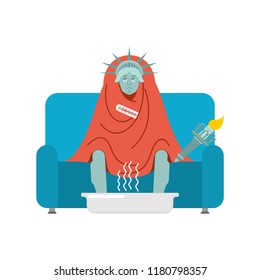 Statue of Liberty sick sitting in armchair wrapped in blanket. United States landmark illness sneezing. Unhappy Woman having flu sitting on sofa. USA symbol vector illustration