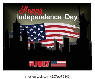 Statue of Liberty silhouette, urban skyline, and American flag commemorating Independence Day celebration with patriotic themes and the Fourth of July holiday in bold lettering. 