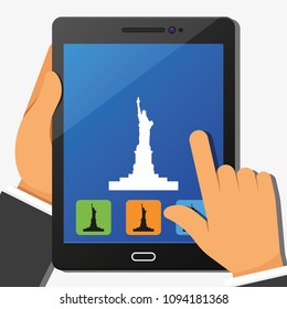 Statue of Liberty simple flat vector icon. Hands holding tablet and touching the screen. American symbol of freedom.