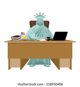 Statue of Liberty sitting in office. American boss at table. Businessman from United States at desk. Workplace supervisor. Director desktop. Laptop and phone. Cup of coffee and   Chair. Flag USA
