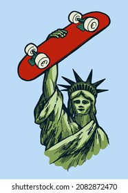 Statue of Liberty Skater. New York Manhattan Statue of liberty holding skateboard above her head. American skater character vector illustration isolated.