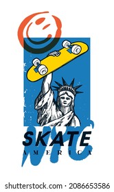 Statue of Liberty skater. NYC American symbol holding skateboard above her head. Street style typography t-shirt print vector illustration.